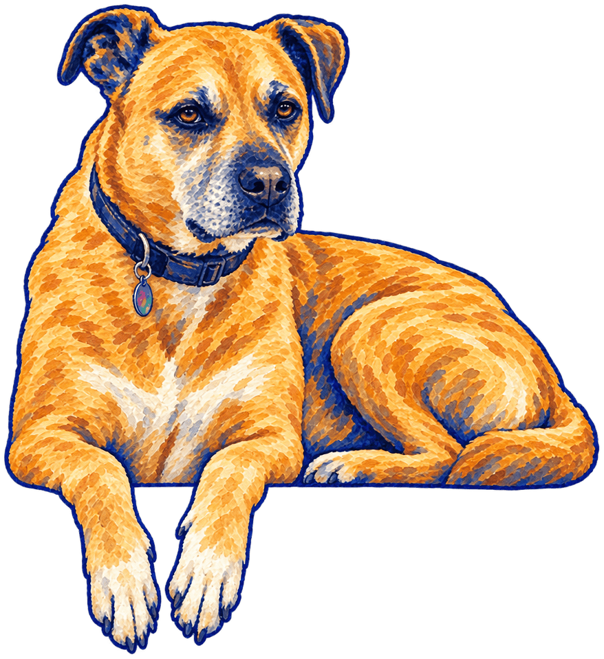 A painted Black Mouth Cur lying on the tiled bench, front paws hanging over the edge of the seat.