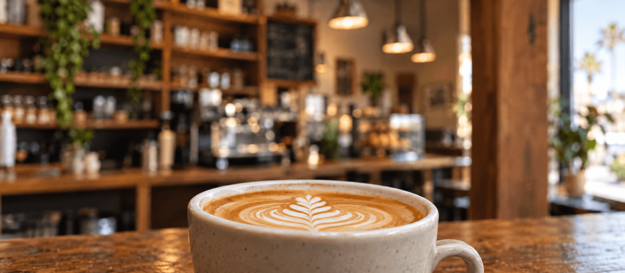 A cup of latte with rosetta art on a dark café counter.
